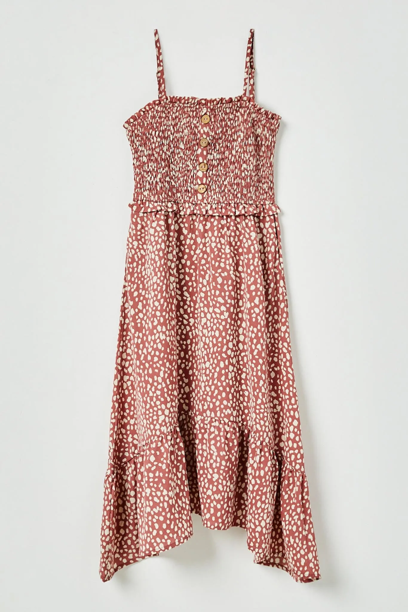 Tie Shoulder Smocked Ruffle Detail Midi Dress