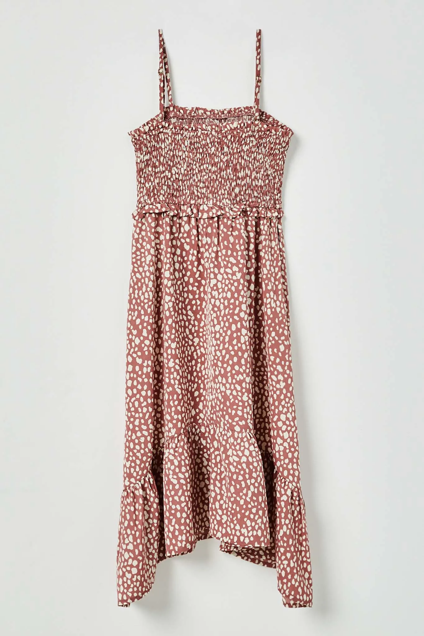 Tie Shoulder Smocked Ruffle Detail Midi Dress