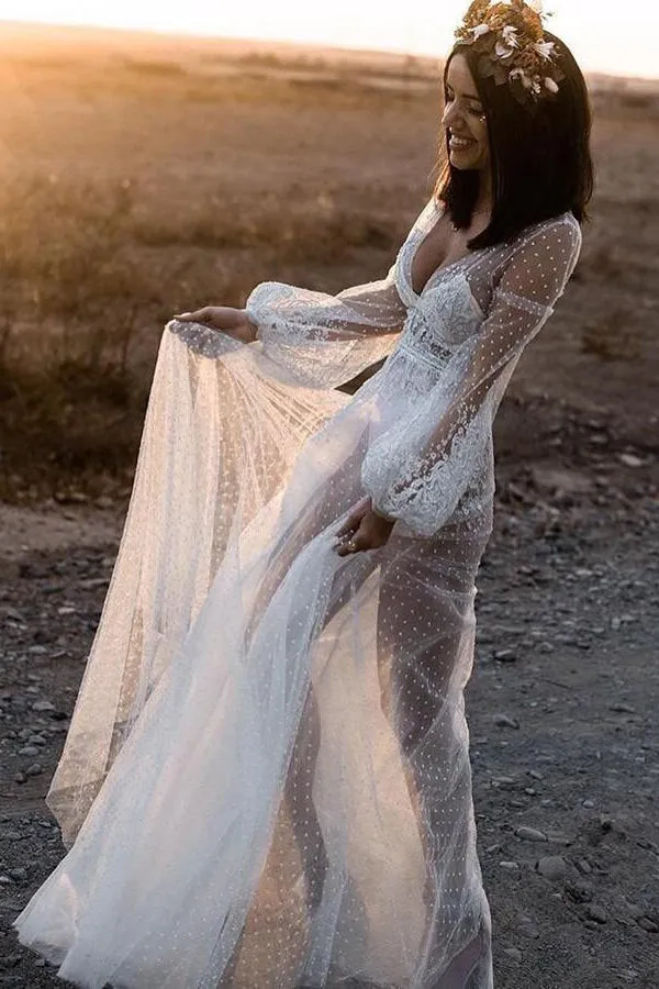 Tulle A-line Long Sleeves Beach Wedding Dresses With Lace Appliques, MW1030