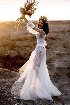 Tulle A-line Long Sleeves Beach Wedding Dresses With Lace Appliques, MW1030