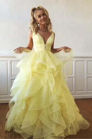Tulle V-neck Yellow Prom Dresses A-line Long Party Dresses with Ruffles,MP592