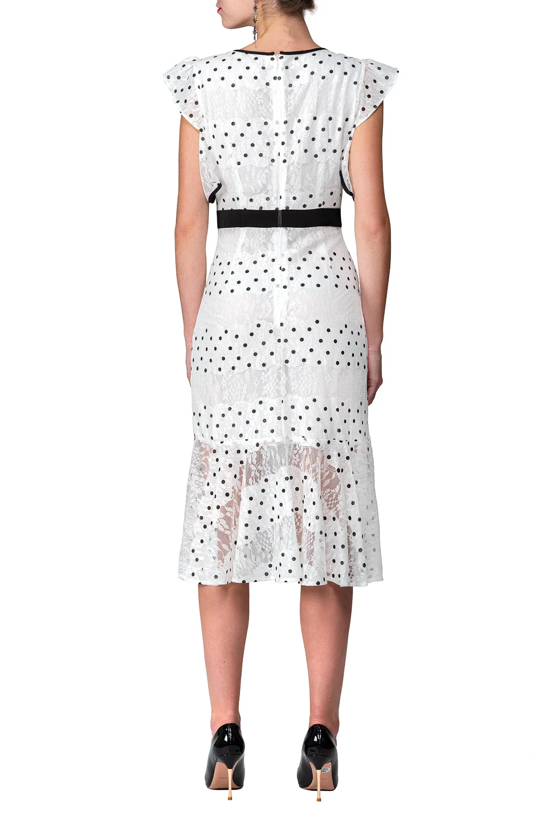 TWO PEARS-Shoulder Cut Sleeve Ruffle Hem Dot Print Sheath Dress