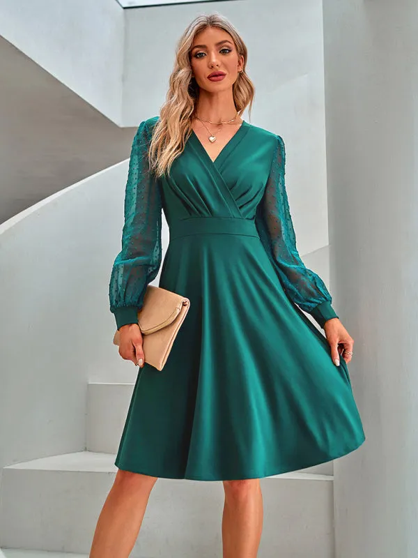 V-Neck Dress with Polka Dot Sheer Sleeves and Flared Skirt