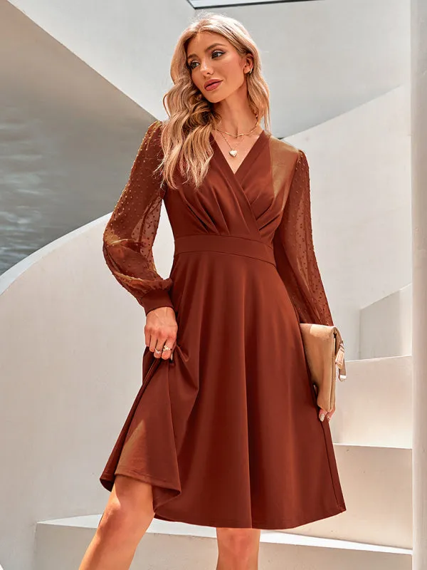 V-Neck Dress with Polka Dot Sheer Sleeves and Flared Skirt