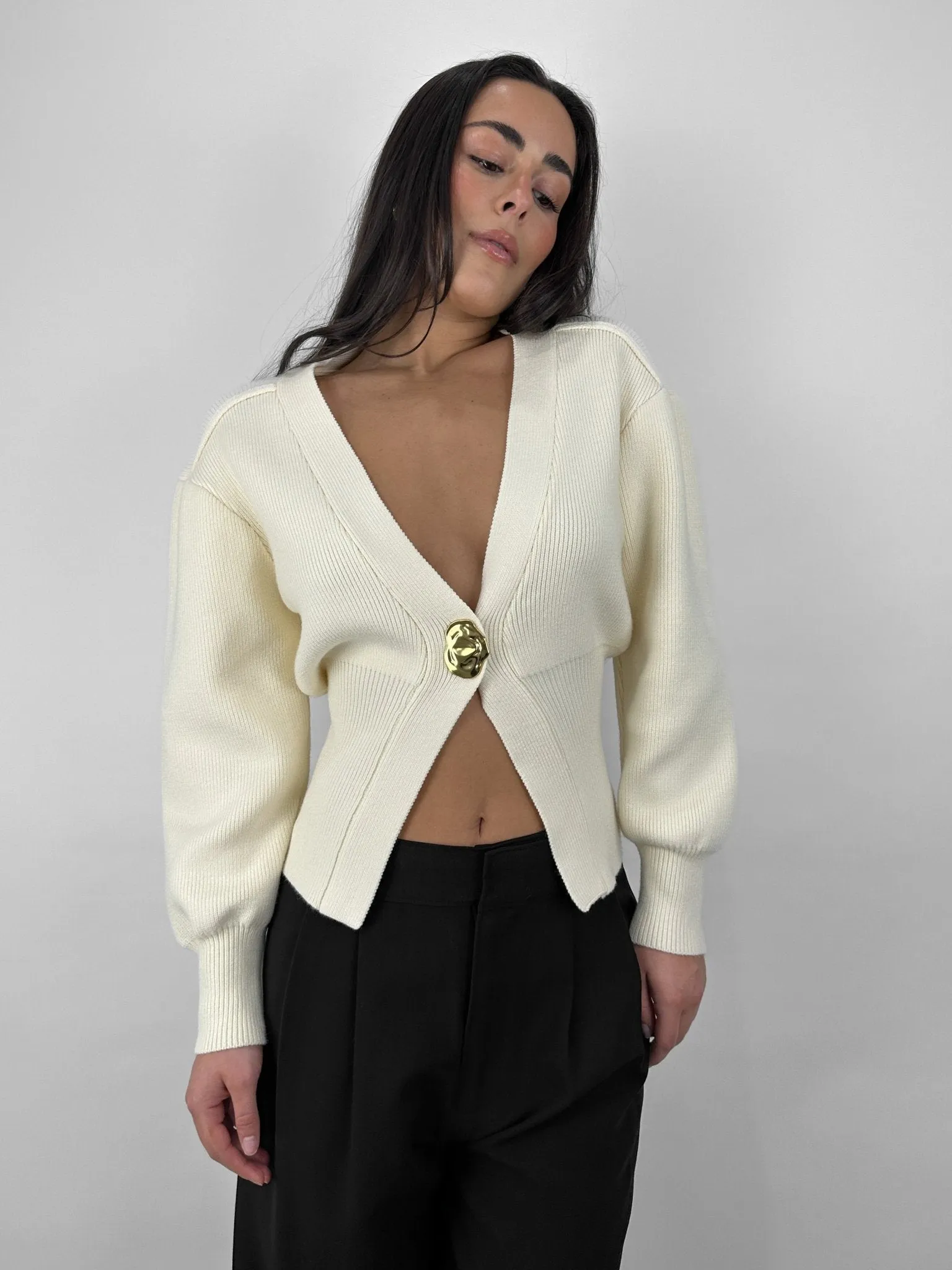V Neck Organic Gold Button Cardigan