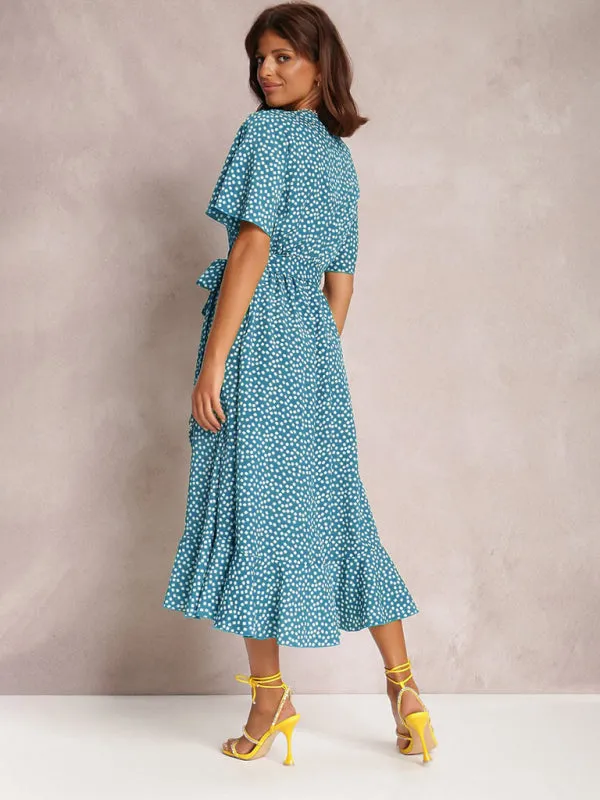 V-neck Polka-Dot Midi Dress with Ruffled Hem and Tie Waist