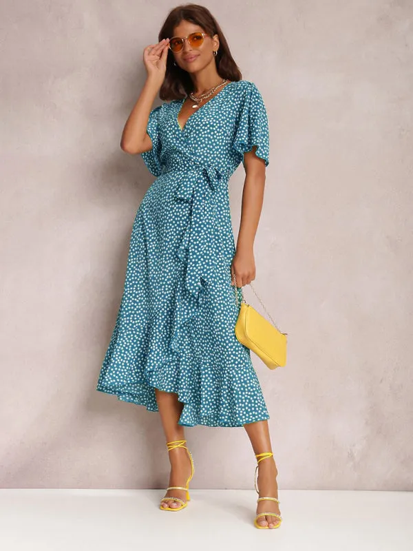 V-neck Polka-Dot Midi Dress with Ruffled Hem and Tie Waist