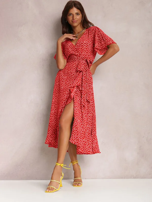 V-neck Polka-Dot Midi Dress with Ruffled Hem and Tie Waist