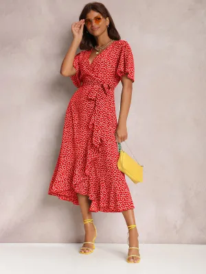 V-neck Polka-Dot Midi Dress with Ruffled Hem and Tie Waist
