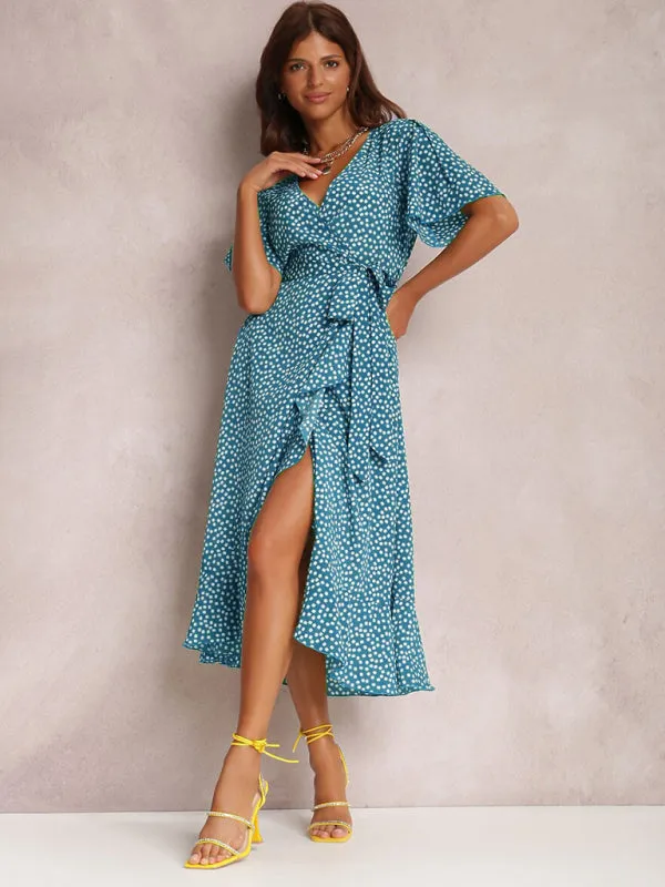 V-neck Polka-Dot Midi Dress with Ruffled Hem and Tie Waist
