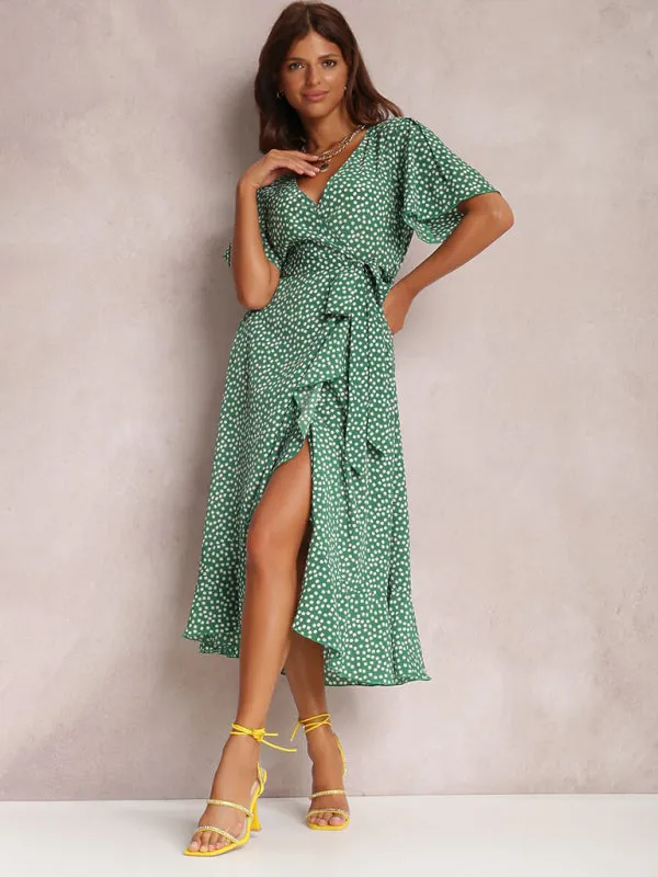 V-neck Polka-Dot Midi Dress with Ruffled Hem and Tie Waist