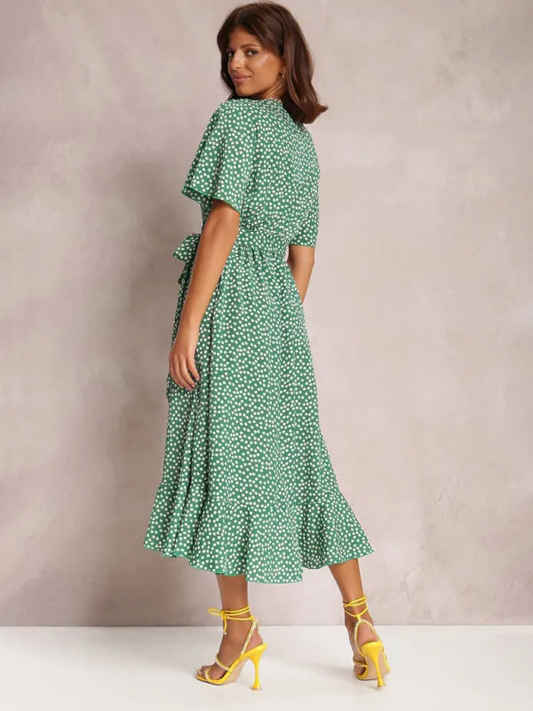 V-neck Polka-Dot Midi Dress with Ruffled Hem and Tie Waist
