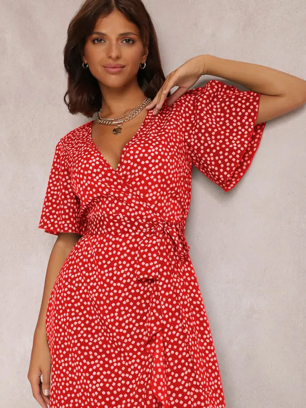 V-neck Polka-Dot Midi Dress with Ruffled Hem and Tie Waist