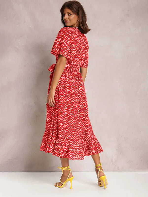 V-neck Polka-Dot Midi Dress with Ruffled Hem and Tie Waist