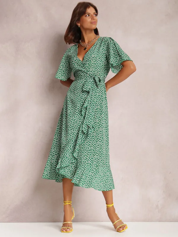 V-neck Polka-Dot Midi Dress with Ruffled Hem and Tie Waist