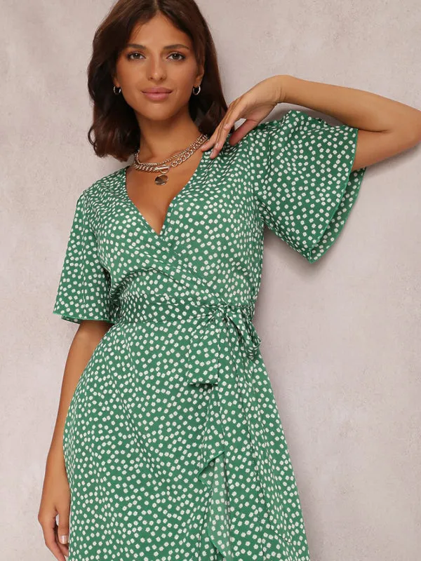 V-neck Polka-Dot Midi Dress with Ruffled Hem and Tie Waist