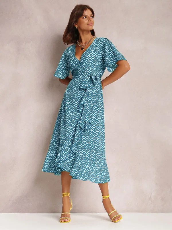 V-neck Polka-Dot Midi Dress with Ruffled Hem and Tie Waist