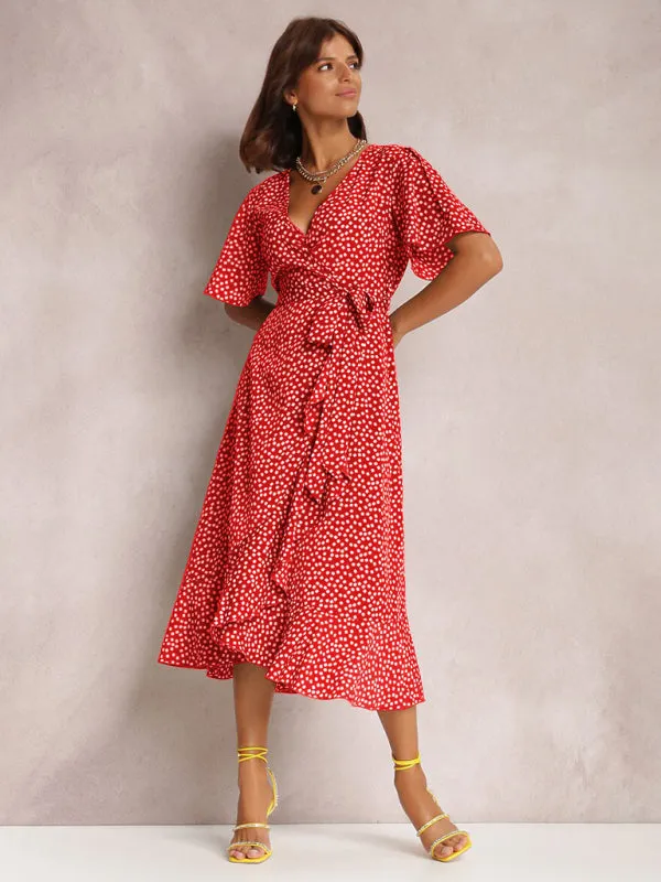 V-neck Polka-Dot Midi Dress with Ruffled Hem and Tie Waist