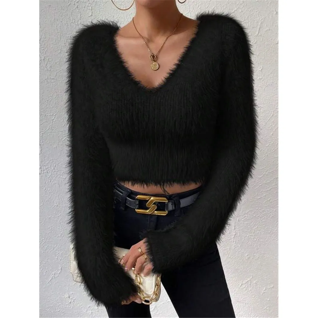 V-neck Slim Plush Short Sweater