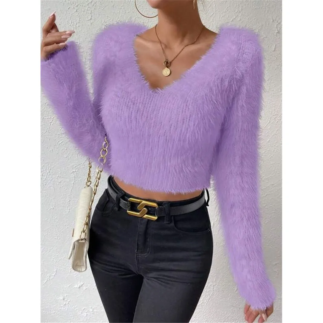 V-neck Slim Plush Short Sweater