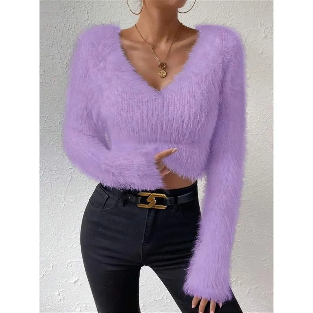 V-neck Slim Plush Short Sweater