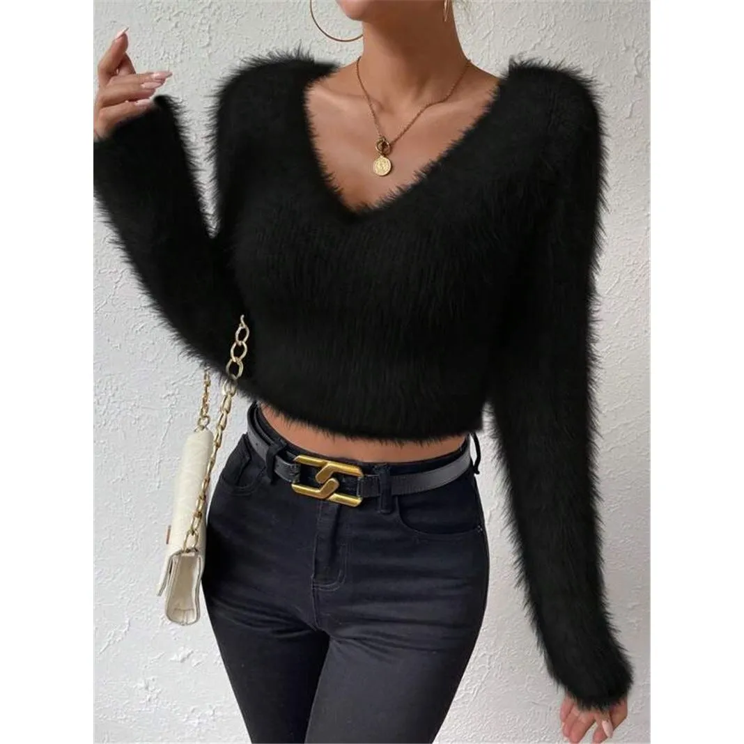 V-neck Slim Plush Short Sweater