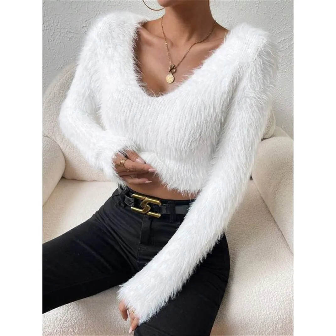 V-neck Slim Plush Short Sweater