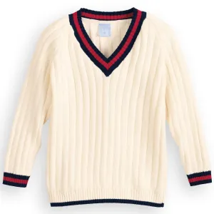 Varsity V-Neck -- Ivory w/ Navy & Red