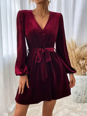 Velvet A-line Dress with V-neck and Waist Tie