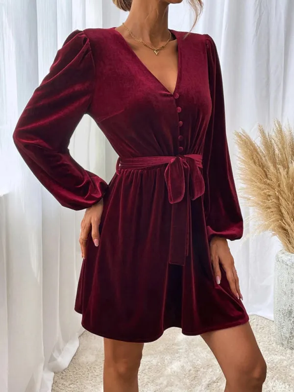Velvet A-line Dress with V-neck and Waist Tie