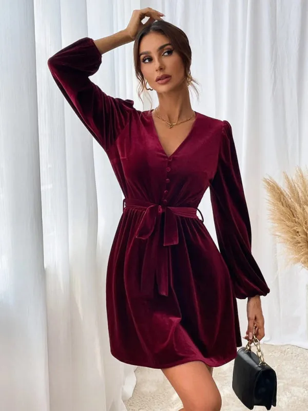 Velvet A-line Dress with V-neck and Waist Tie