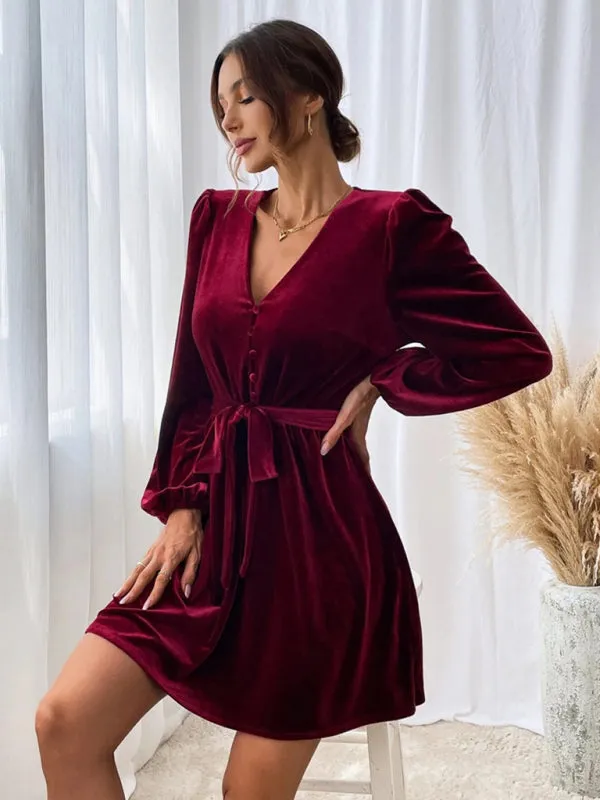 Velvet A-line Dress with V-neck and Waist Tie