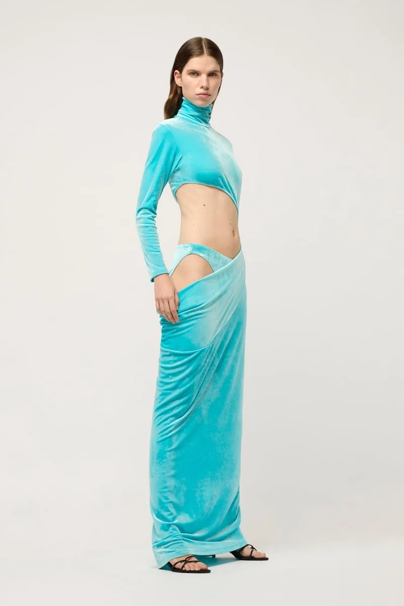 VELVET ASYMMETRIC EXPOSED HIGH NECK MAXI DRESS