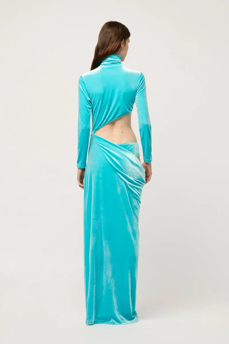 VELVET ASYMMETRIC EXPOSED HIGH NECK MAXI DRESS
