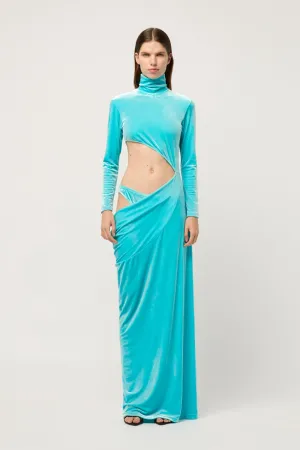 VELVET ASYMMETRIC EXPOSED HIGH NECK MAXI DRESS
