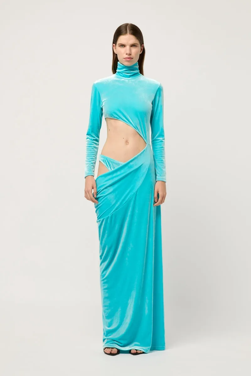 VELVET ASYMMETRIC EXPOSED HIGH NECK MAXI DRESS