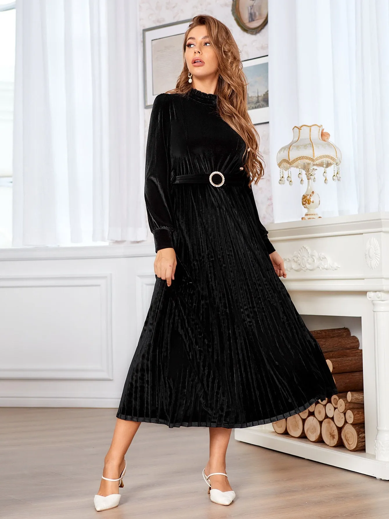 Velvet Button Front without Belted Pleated Hem Dress(CLEARANCE SALE