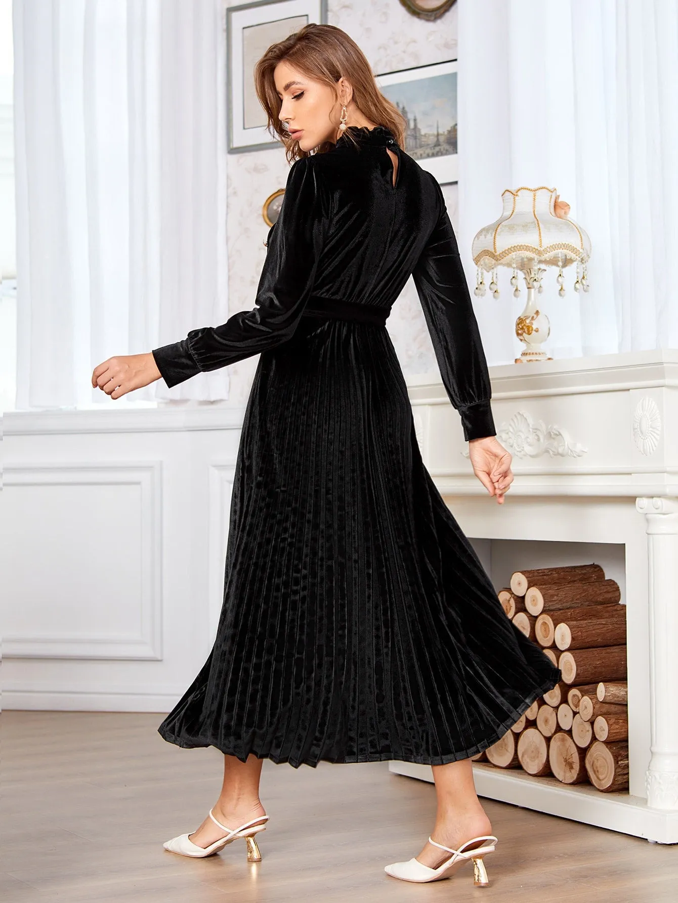 Velvet Button Front without Belted Pleated Hem Dress(CLEARANCE SALE