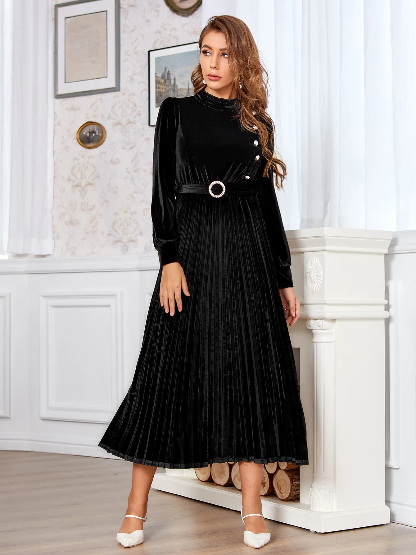 Velvet Button Front without Belted Pleated Hem Dress(CLEARANCE SALE