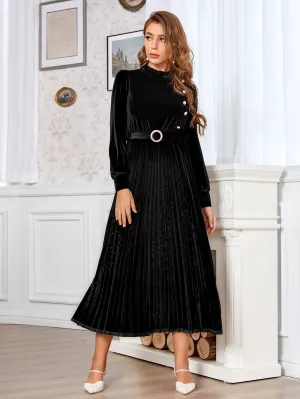 Velvet Button Front without Belted Pleated Hem Dress(CLEARANCE SALE