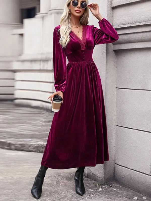 Velvet Maxi Dress with Lace Trim and Button-Down Front