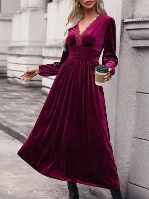 Velvet Maxi Dress with Lace Trim and Button-Down Front