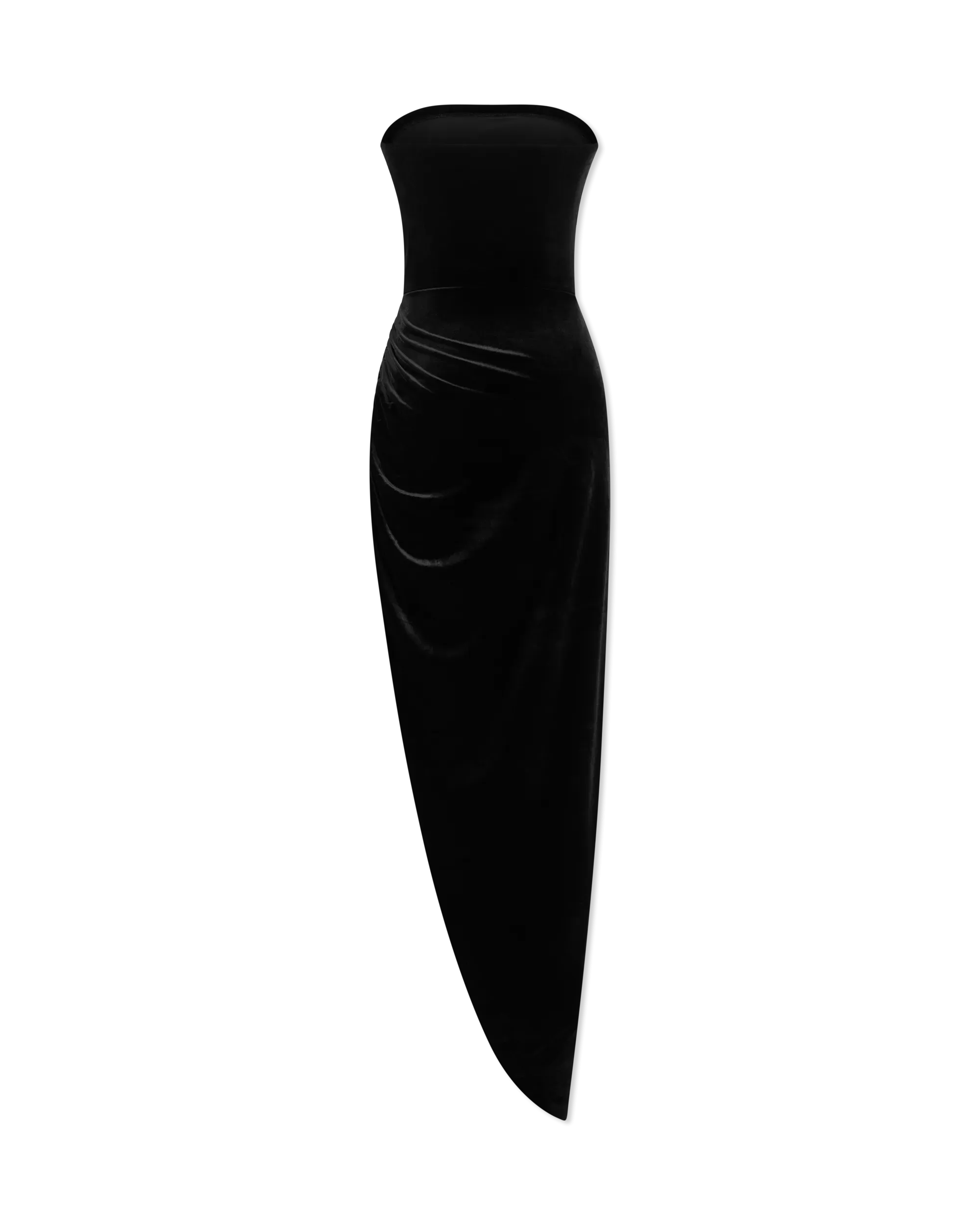 Velvet Strapless Side Drape Gown