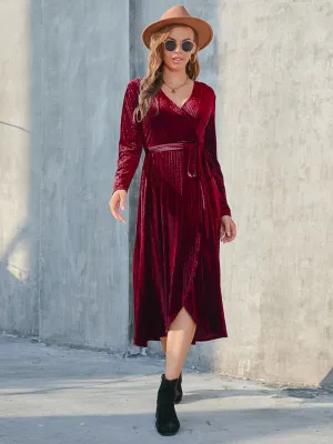 Velvet Wrap Mid-Length Dress with Asymmetrical Hem and Tie Waist