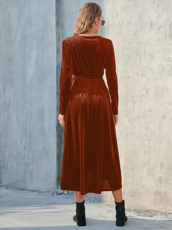 Velvet Wrap Mid-Length Dress with Asymmetrical Hem and Tie Waist