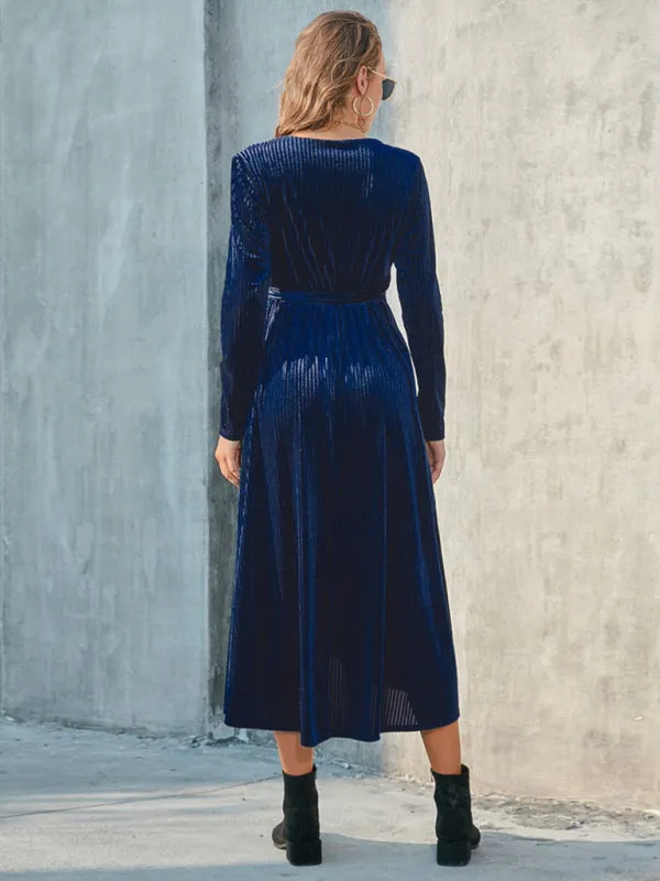 Velvet Wrap Mid-Length Dress with Asymmetrical Hem and Tie Waist