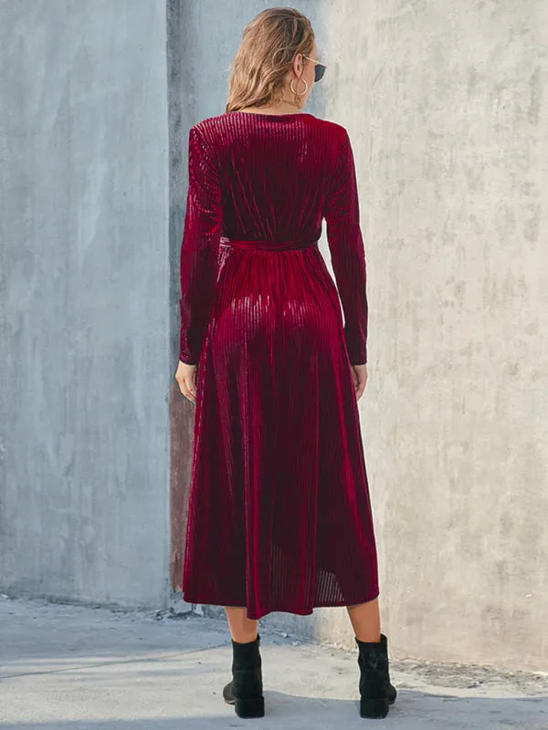 Velvet Wrap Mid-Length Dress with Asymmetrical Hem and Tie Waist