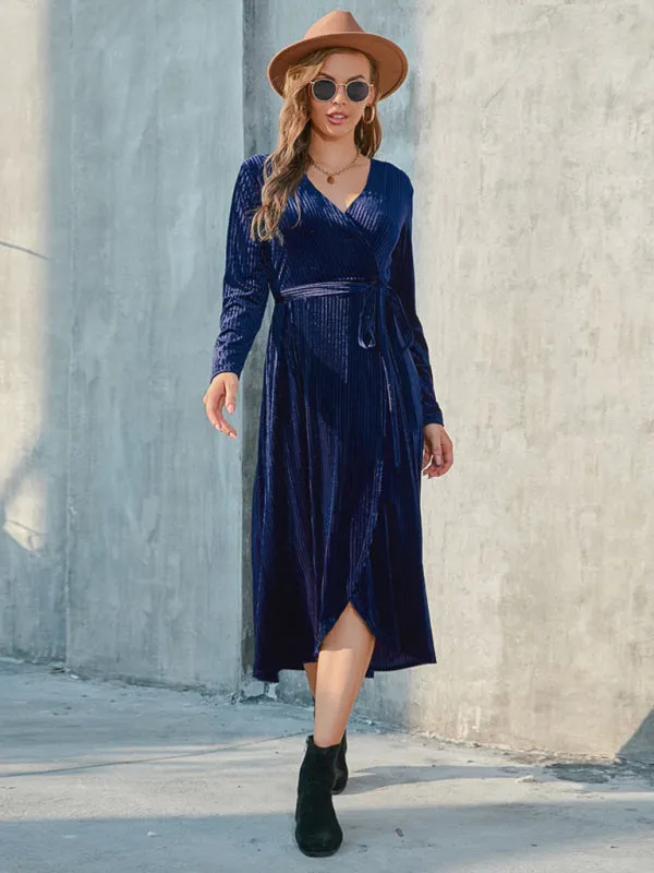 Velvet Wrap Mid-Length Dress with Asymmetrical Hem and Tie Waist