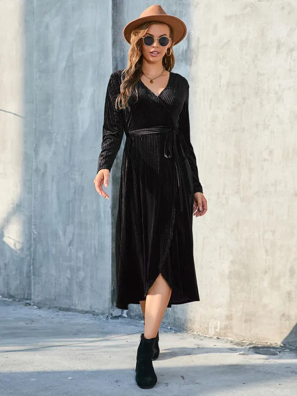 Velvet Wrap Mid-Length Dress with Asymmetrical Hem and Tie Waist