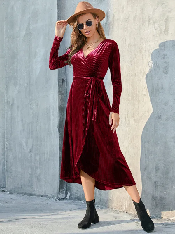 Velvet Wrap Mid-Length Dress with Asymmetrical Hem and Tie Waist